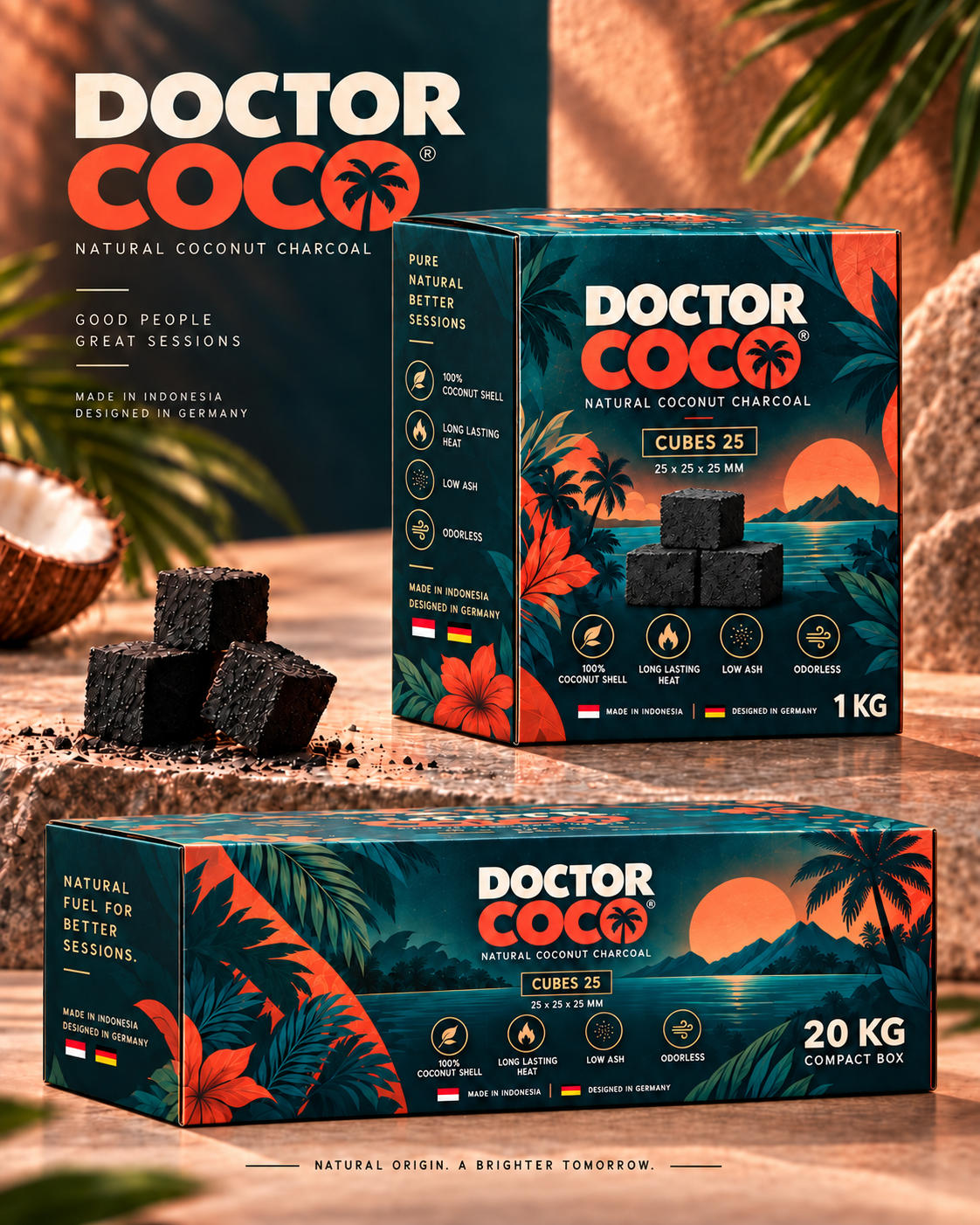 Doctor Coco Natural Coconut Charcoal Verpackungen und Kohlewürfel
